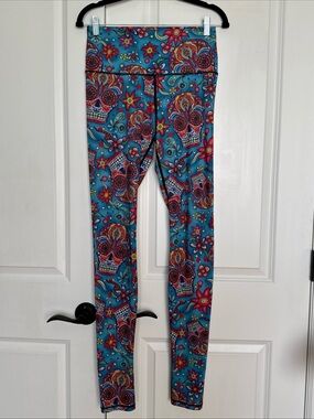 Yoga Democracy Leggings Womens Med Long Blue Sugar Skull Floral Print High Waist